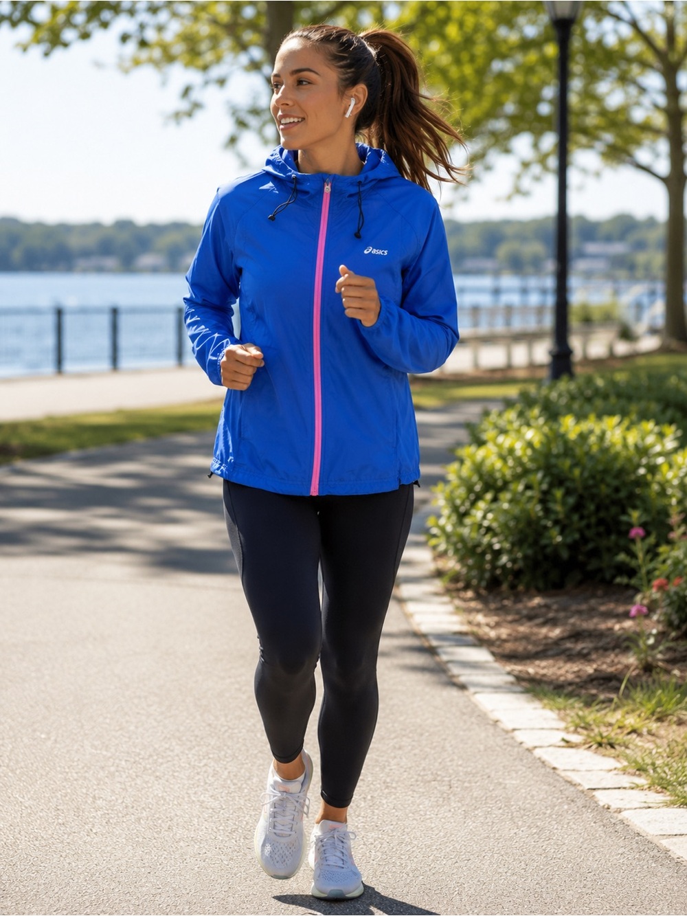 ASICS Royal Blue Hooded Windbreaker Jacket Pink Zip Reflective Running Medium